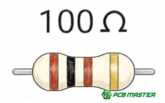 100 ohm resistor color code showing Brown-Black-Brown-Gold bands for a 100Ω ±5% resistor with labeled color code chart and resistance value explanation