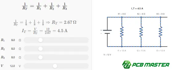 Parallel resistor circuit diagram showing the equivalent resistance formula and resistor connections in a parallel network.