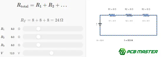 Series resistor circuit diagram showing the formula for calculating total resistance