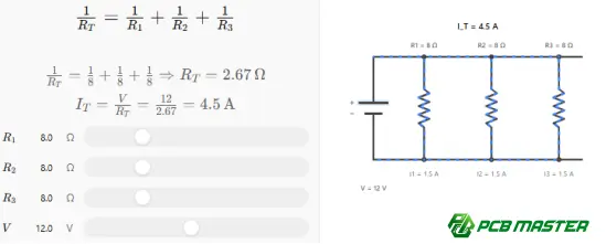 Parallel resistor circuit diagram showing the formula for calculating equivalent resistance