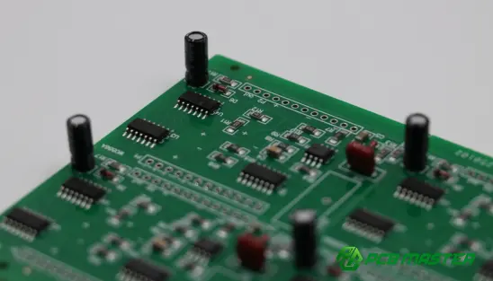 Capacitor mounted on a PCB for electronic circuit filtering and voltage stabilization