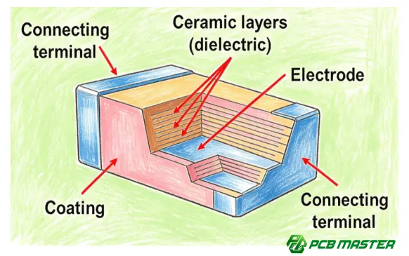 Multilayer ceramic capacitor (MLCC) structure diagram showing ceramic dielectric layers, internal electrodes, and external terminals