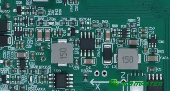 PCB section showing electronic components, copper traces, and circuit board layout for electronic applications