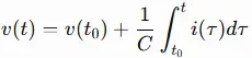Capacitor voltage equation showing the current-voltage relationship i(t)=C dv(t)/dt and integrated capacitor voltage formula
