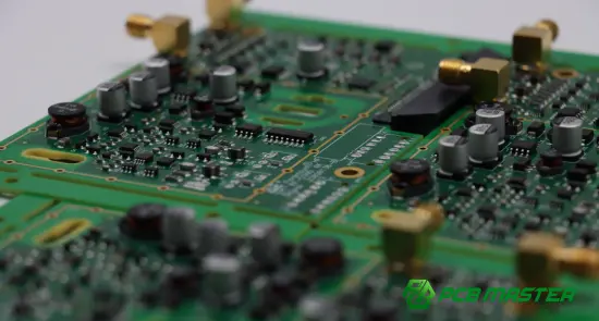 PCB section with capacitors for electronic circuit filtering and power management