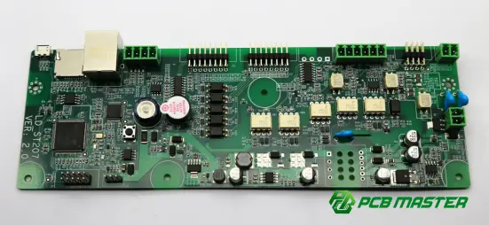 PCB with electronic components and standard capacitors for circuit design and PCBA manufacturing