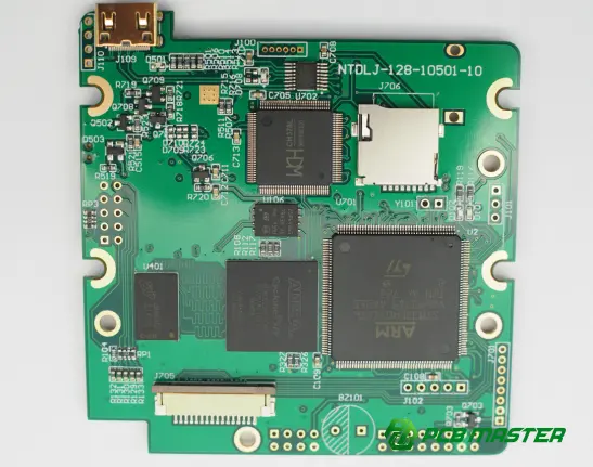 PCB with electronic components for power conversion, featuring toroidal inductors and transformers in a power electronics circuit.