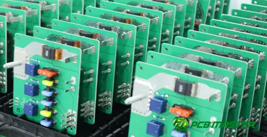 Neatly arranged printed circuit boards (PCBs) for electronics manufacturing, illustrating PCB fabrication quality and precision engineering.