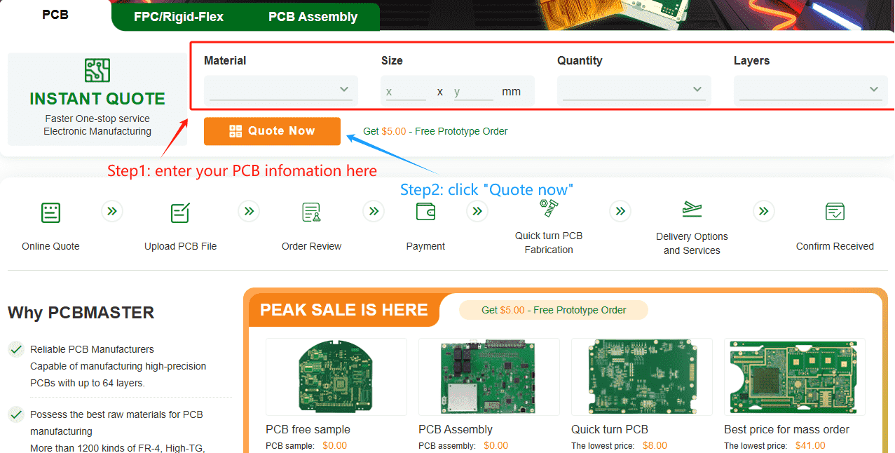 As shown in the picture, first enter the basic information of PCB on the page, then click “Quote now” .