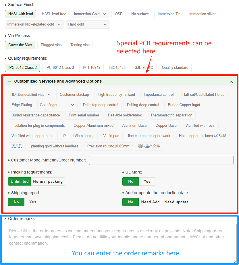 If you have special PCB requirements and need to make an order note, you can find the position indicated in the image below to select and note.