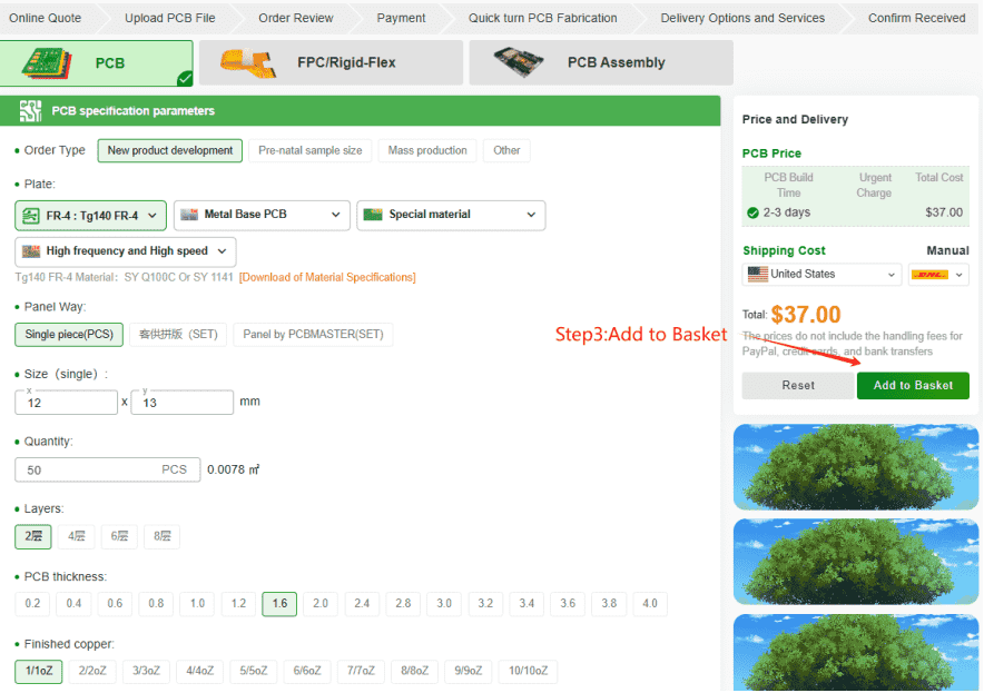 Find the “Add to Basket” button on the right side of the page, click “Add to Basket” and then upload the PCB file.