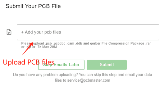 Find the “Add to Basket” button on the right side of the page, click “Add to Basket” and then upload the PCB file.