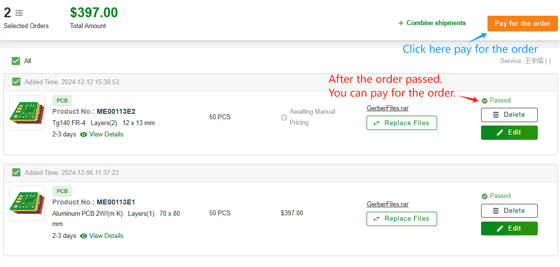 After our engineer finishes the order review, the original text "Pending Review" will change to "passed", and then the button "Pay for the order" will appear above, allowing you to pay for the order.