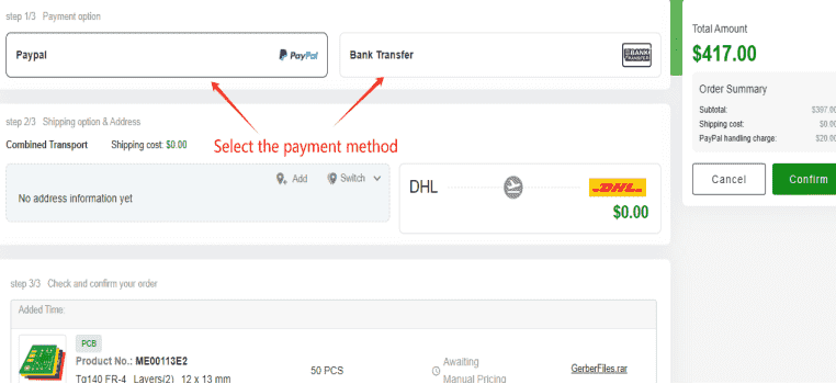 First, please choose the payment method. Currently, PCBMASTER supports two payment methods, PayPal and Bank Transfer. Other payment methods (such as credit cards) will be added in the future. After choosing the payment method, please add your delivery information (such as consignee name, delivery address, etc.).