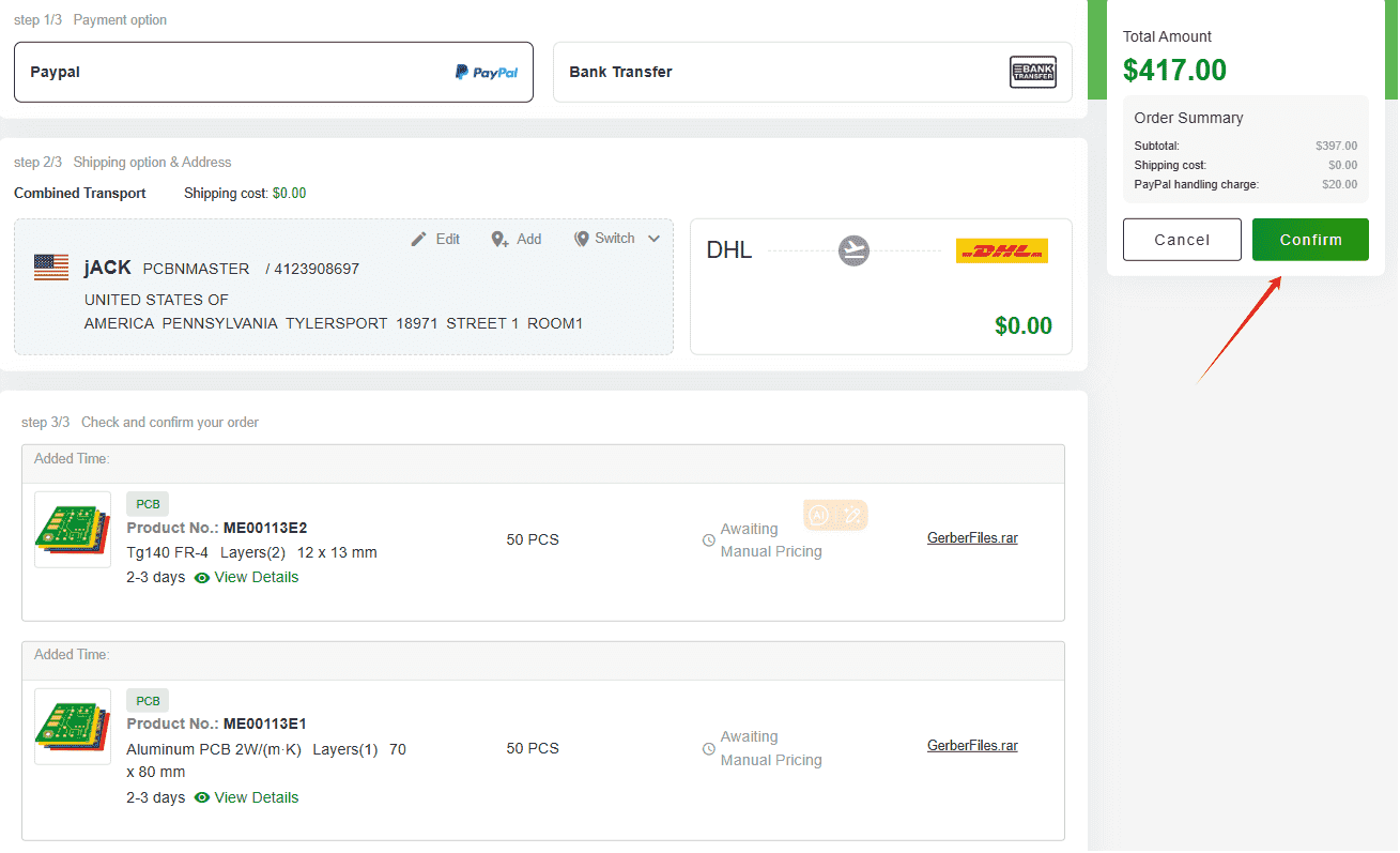 The price information of the order will appear on the right side of the page. Click the "Confirm" button and you can pay for the order. Then, the order is completed.